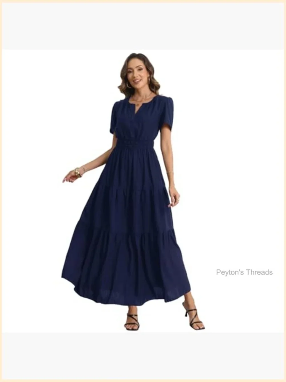 Maxi Dress with Pockets Short Sleeve V-Neck Elastic Waist Boho Casual - Picture 2 of 7